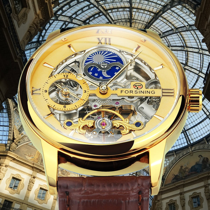 Elegant skelettklocka för män med analog design, visar mekaniken med öppen urtavla, PU-läderrem och lyxiga detaljer.