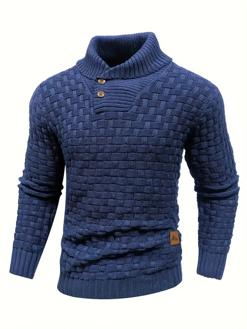 "Elegant stickad herrtröja i grått, framifrån, med finstickad struktur, perfekt för kalla dagar och elegant vardag."