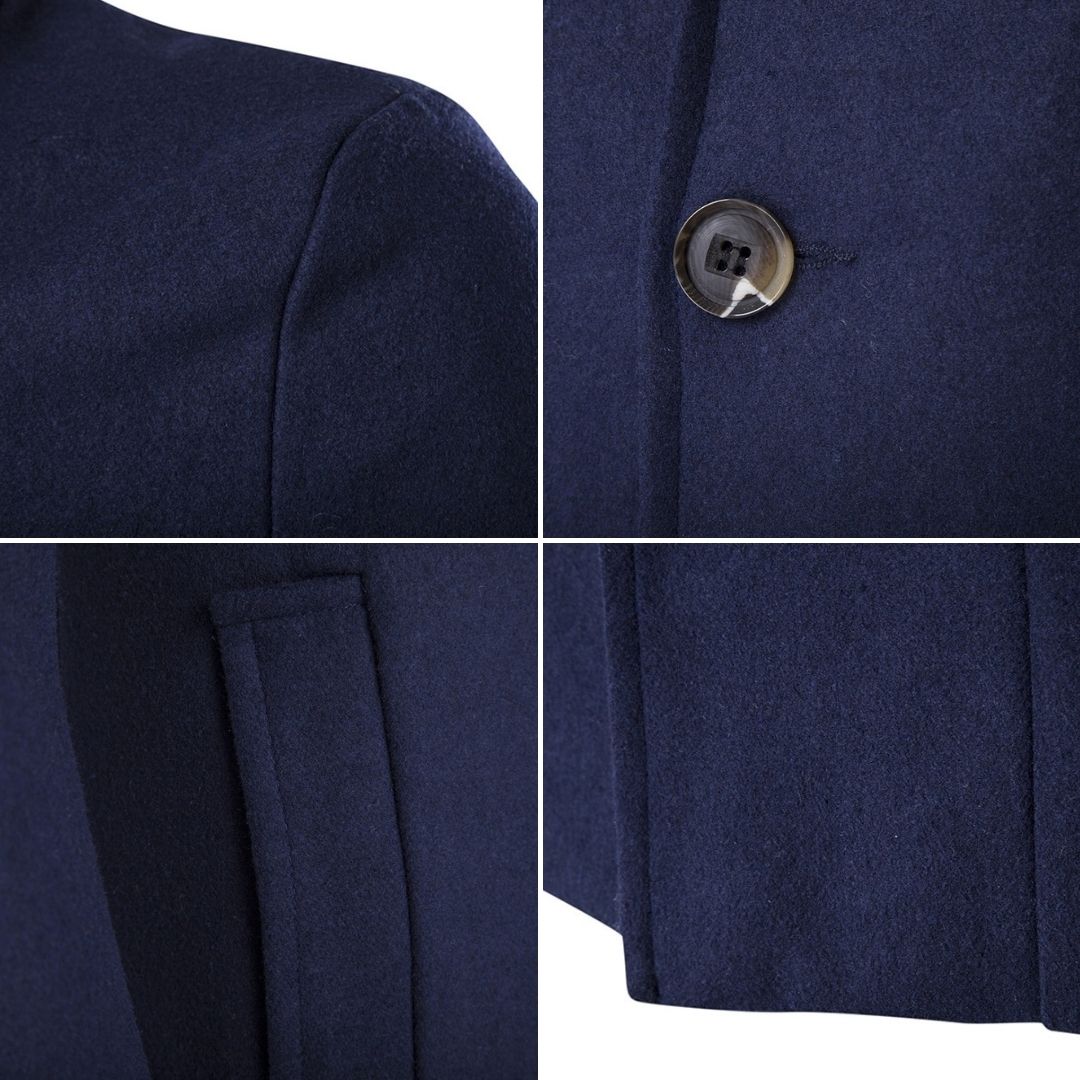 "Elegant trenchcoat för män med stående krage, enkelknäppning och sidofickor, perfekt för både formella och informella tillfä