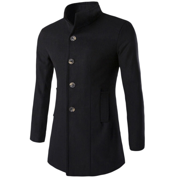 "Elegant trenchcoat för män med stående krage, enkelknäppning och sidofickor, perfekt för både formella och informella tillfä