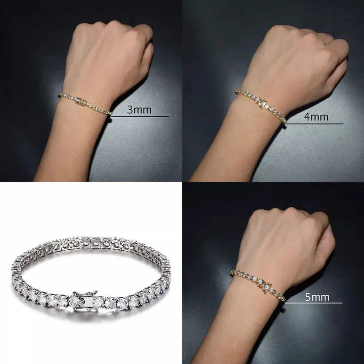 "Elegant unisex armband i zirkon och koppar, glittrar i ljuset; perfekt accessoar för både vardag och fest."
