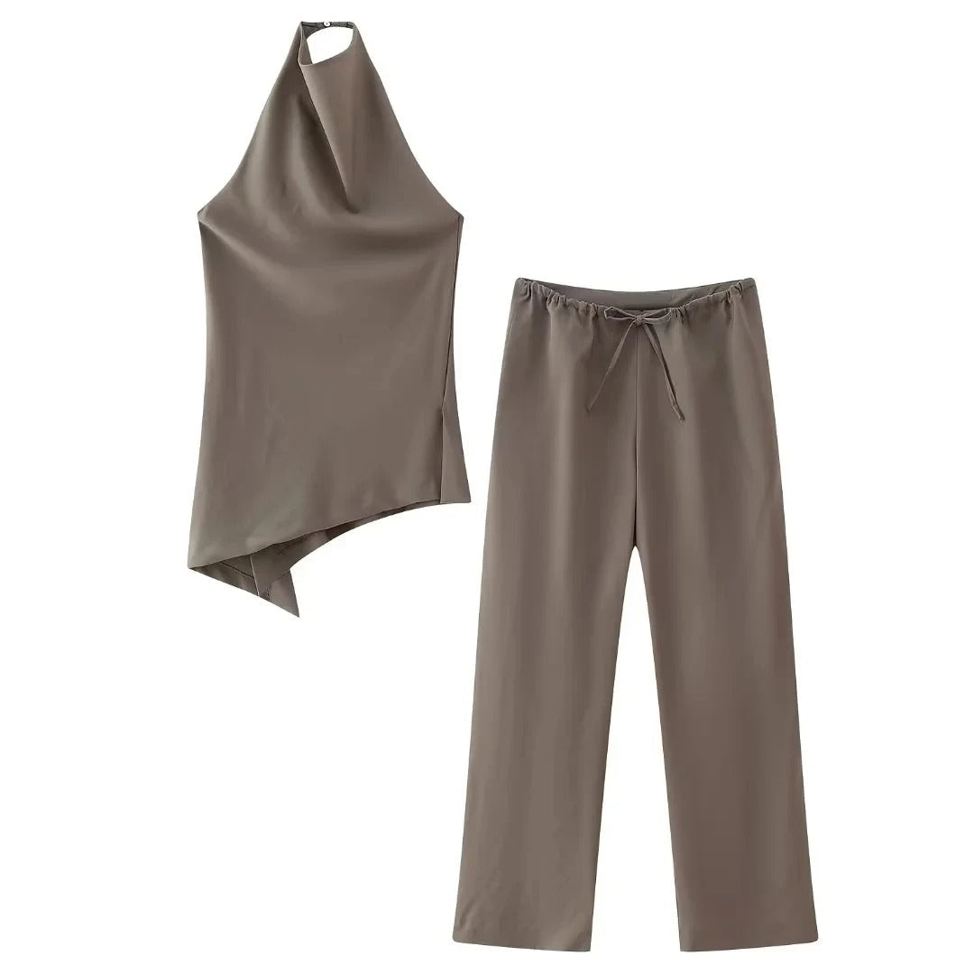 "Elegant vintage linne och byxor set för kvinnor, rygglös top med halterkrage, dragskobyxor tillverkade i slitstark polyester