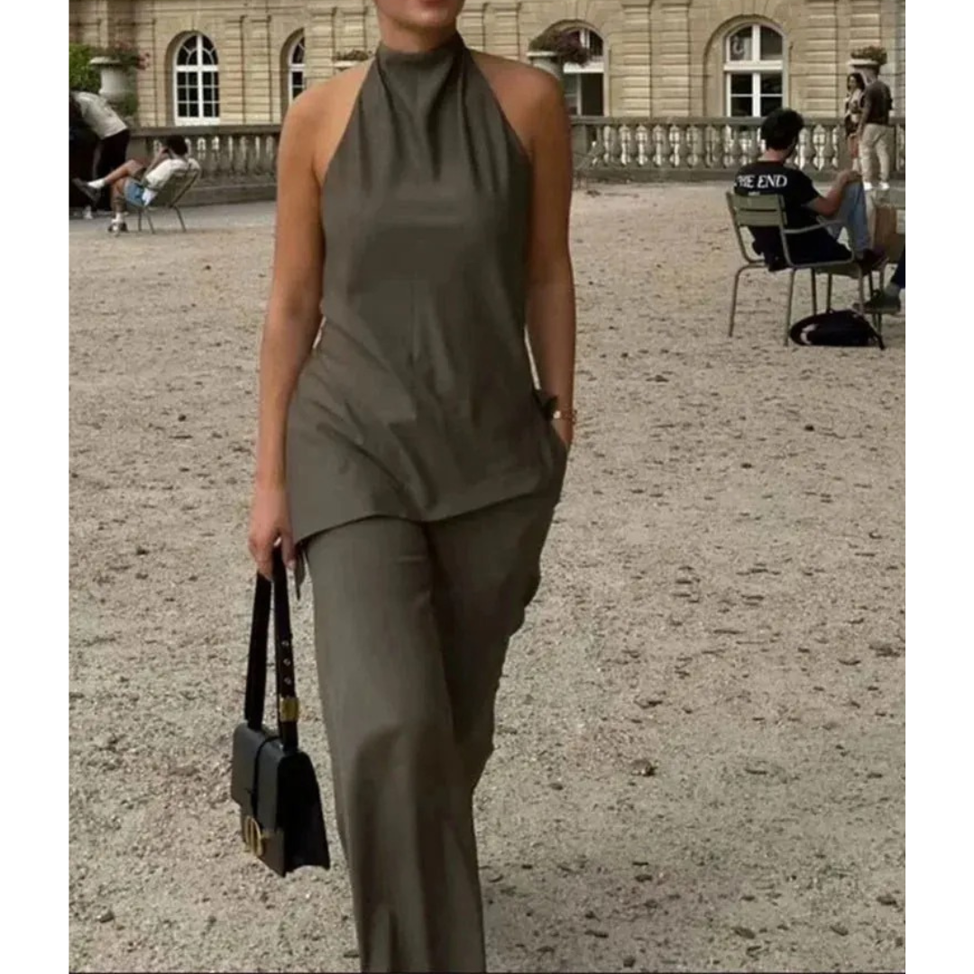 "Elegant vintage linne och byxor set för kvinnor, rygglös top med halterkrage, dragskobyxor tillverkade i slitstark polyester