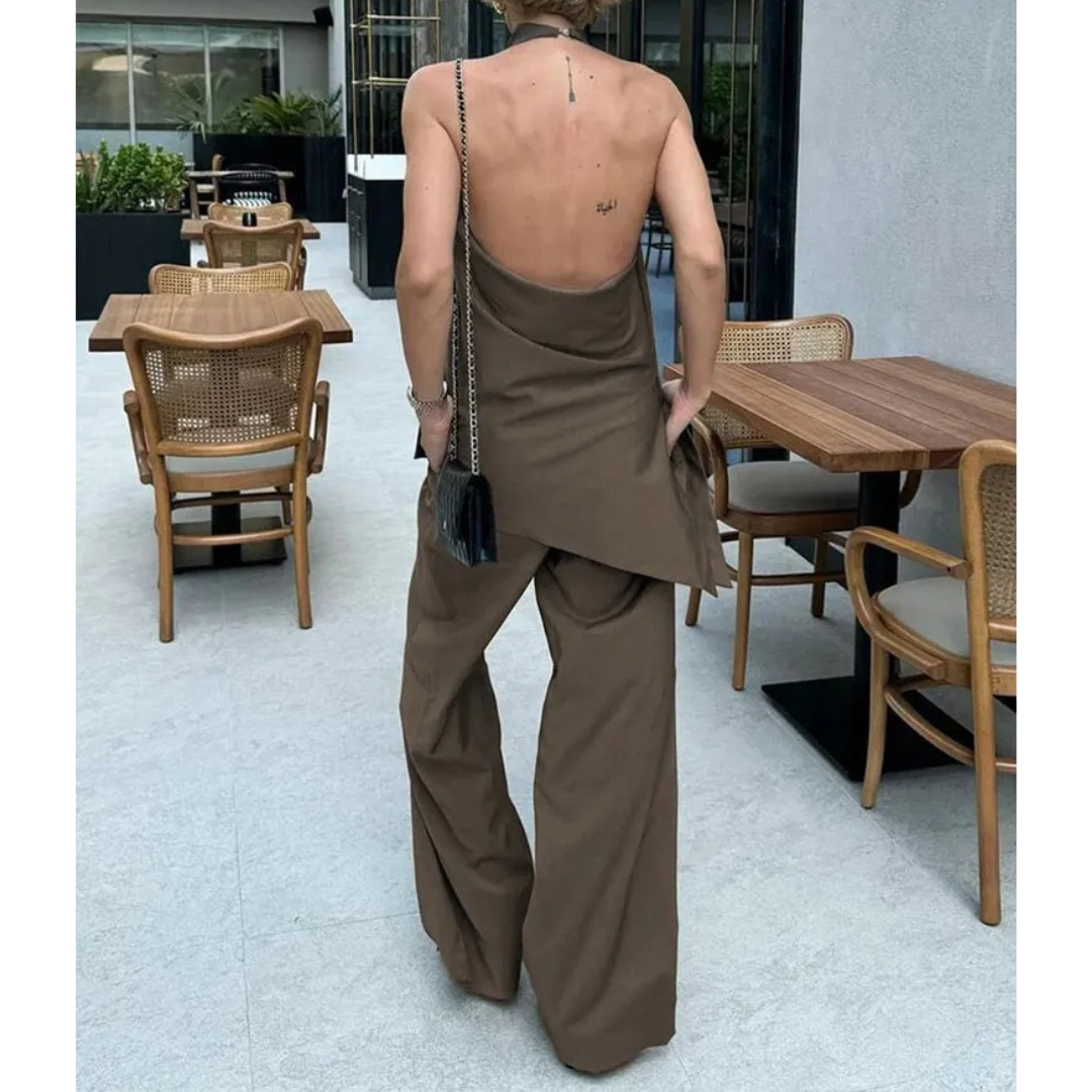 "Elegant vintage linne och byxor set för kvinnor, rygglös top med halterkrage, dragskobyxor tillverkade i slitstark polyester