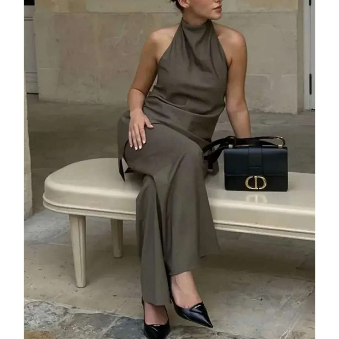 "Elegant vintage linne och byxor set för kvinnor, rygglös top med halterkrage, dragskobyxor tillverkade i slitstark polyester