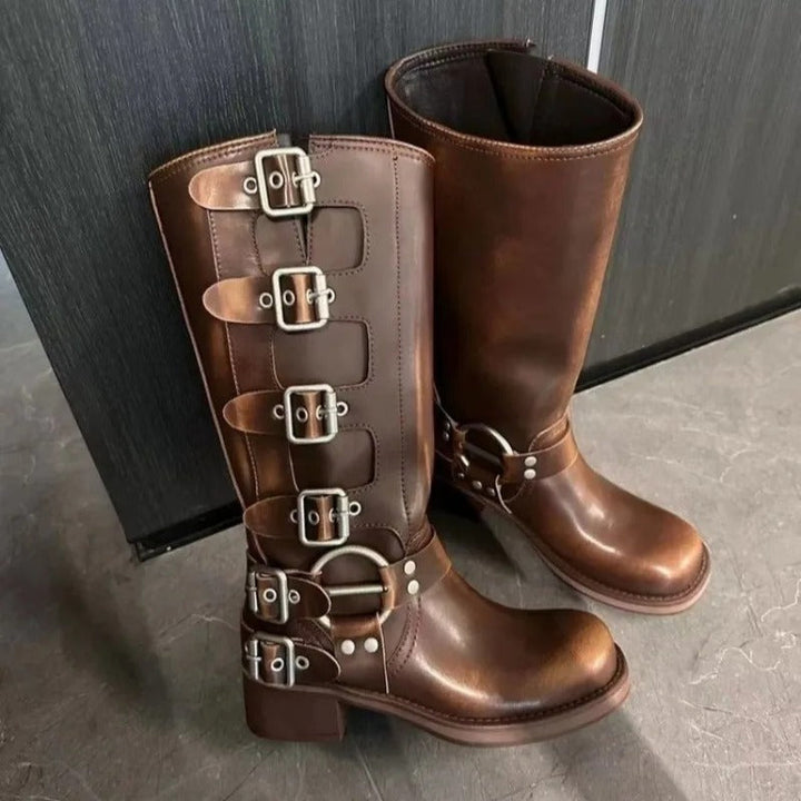 "Eleganta Western Cowboy-stövlar i brunt PU-läder för kvinnor, med mediumklack och klassiskt westernmönster för stil och komf