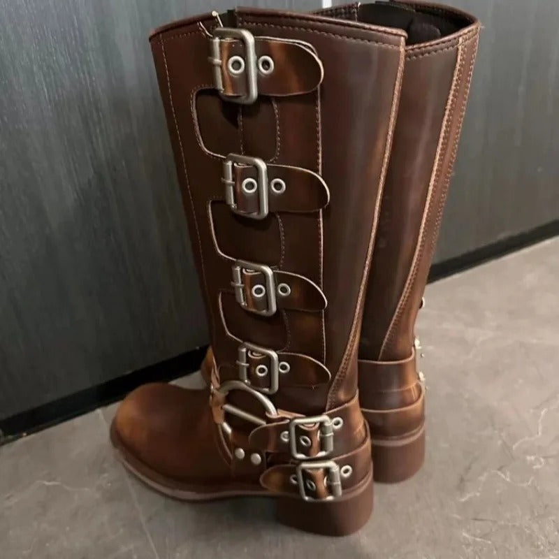 "Eleganta Western Cowboy-stövlar i brunt PU-läder för kvinnor, med mediumklack och klassiskt westernmönster för stil och komf