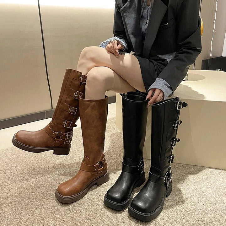 "Eleganta Western Cowboy-stövlar i brunt PU-läder för kvinnor, med mediumklack och klassiskt westernmönster för stil och komf
