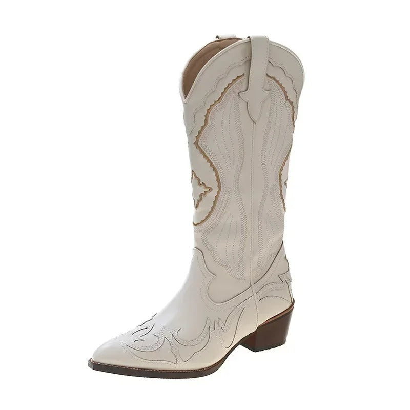 "Eleganta broderade mid-calf stövlar för kvinnor, spetsig tå, fyrkantig klack, perfekt för modern och western chic stil"