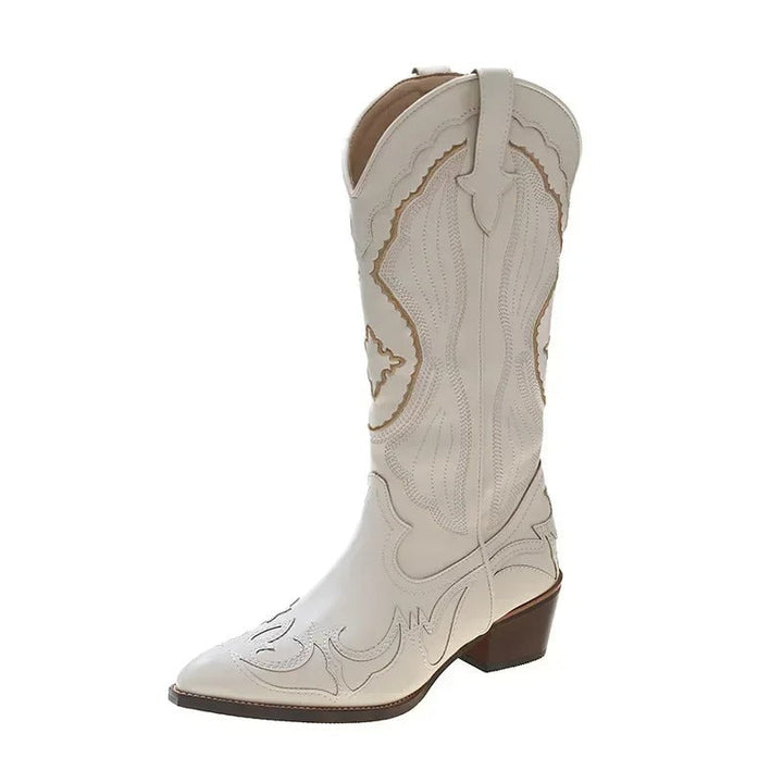"Eleganta broderade mid-calf stövlar för kvinnor, spetsig tå, fyrkantig klack, perfekt för modern och western chic stil"