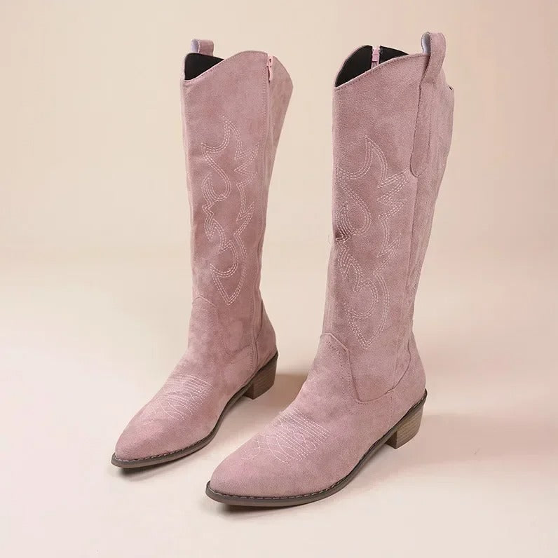 "Eleganta broderade westernstövlar för kvinnor, höga med spetsig tå och tjock klack, perfekt för både vardagliga och formella