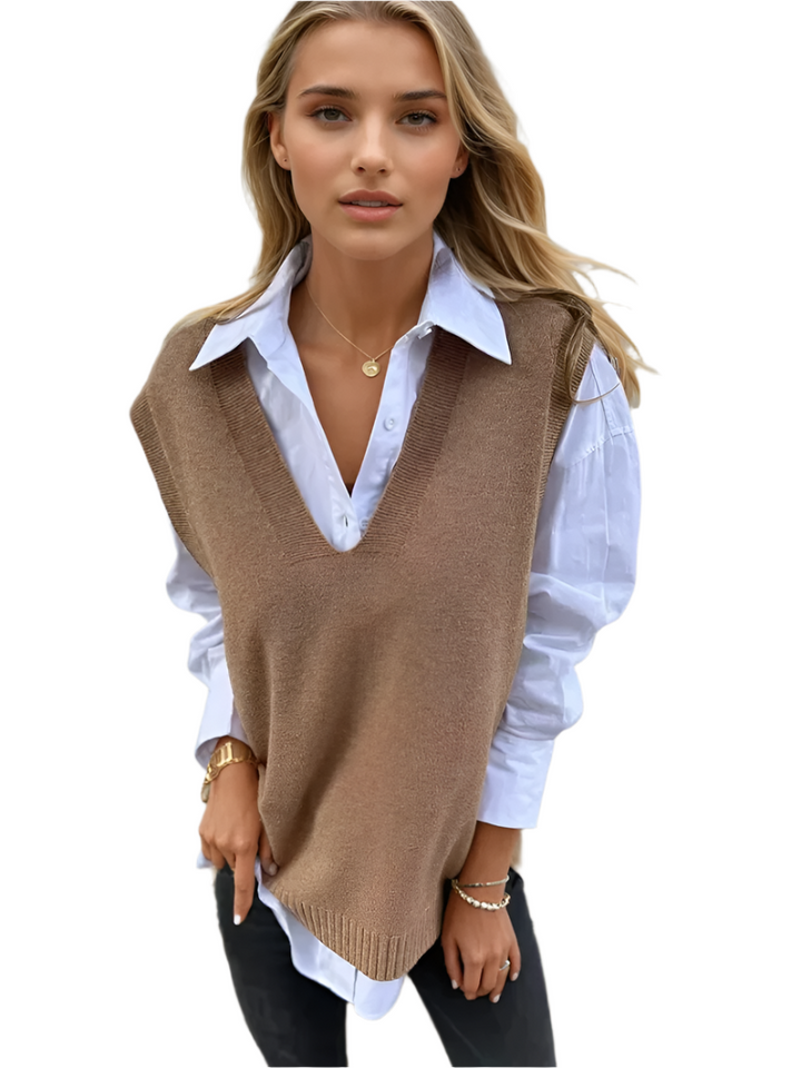 "Eleganta dam V-ringad stickad väst i gråbrun och lila, perfekt för lager-styling och alla tillfällen."