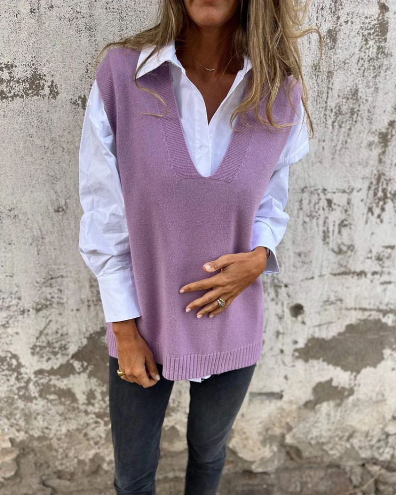"Eleganta dam V-ringad stickad väst i gråbrun och lila, perfekt för lager-styling och alla tillfällen."