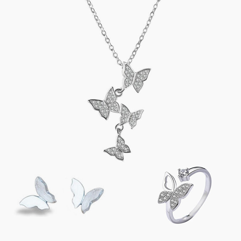 "Exklusivt set av fjärilssmycken i sterling silver för kvinnor, elegant design med zirkonsten, perfekt för daglig användning.