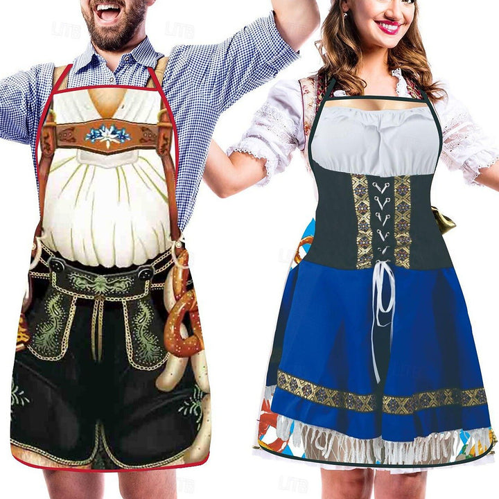 Festliga parschürzen med dirndl- och lederhosen-design, justerbar i slitstarkt tyg, perfekt för temafester och grillningar.