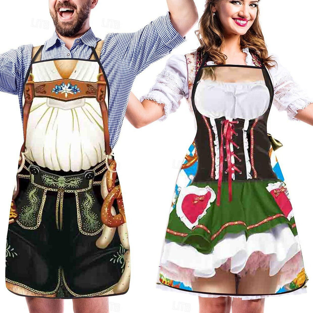 Festliga parförkläden med Dirndl- och Lederhosen-design, justerbara och hållbara, idealiska för temafester.