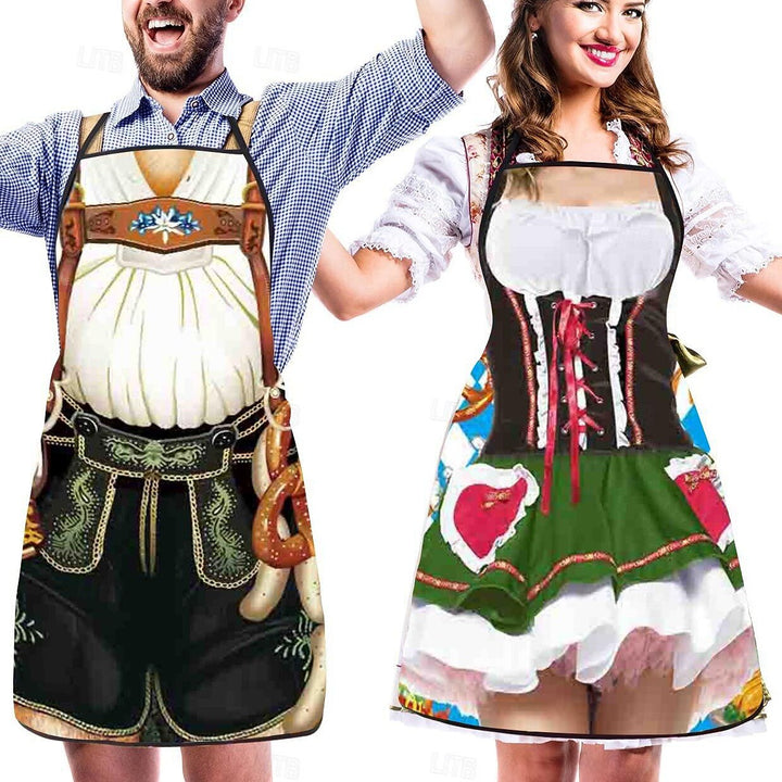 Festliga parförkläden med Dirndl- och Lederhosen-design, justerbara och hållbara, idealiska för temafester.