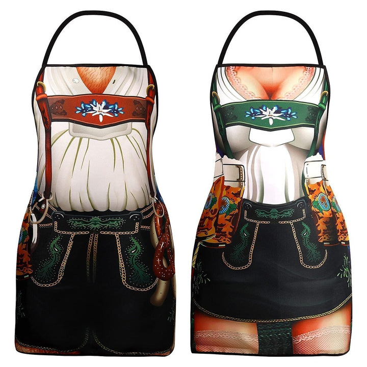 Festliga parförkläden med Dirndl- och Lederhosen-design, justerbara och hållbara, idealiska för temafester.