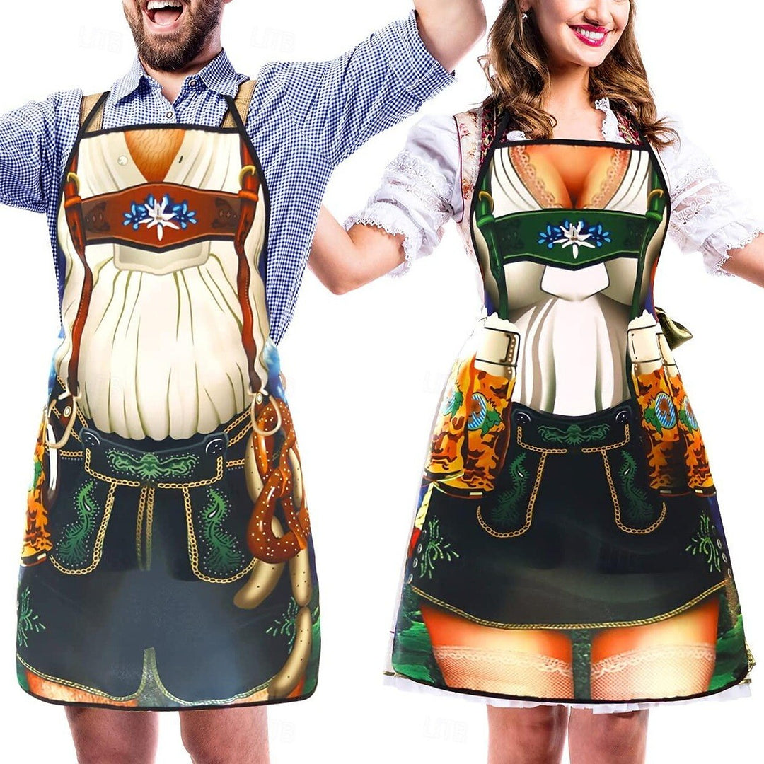 Festliga parschürzen med dirndl- och lederhosen-design, justerbar i slitstarkt tyg, perfekt för temafester och grillningar.