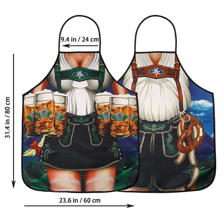 Festliga parschürzen med dirndl- och lederhosen-design, justerbar i slitstarkt tyg, perfekt för temafester och grillningar.