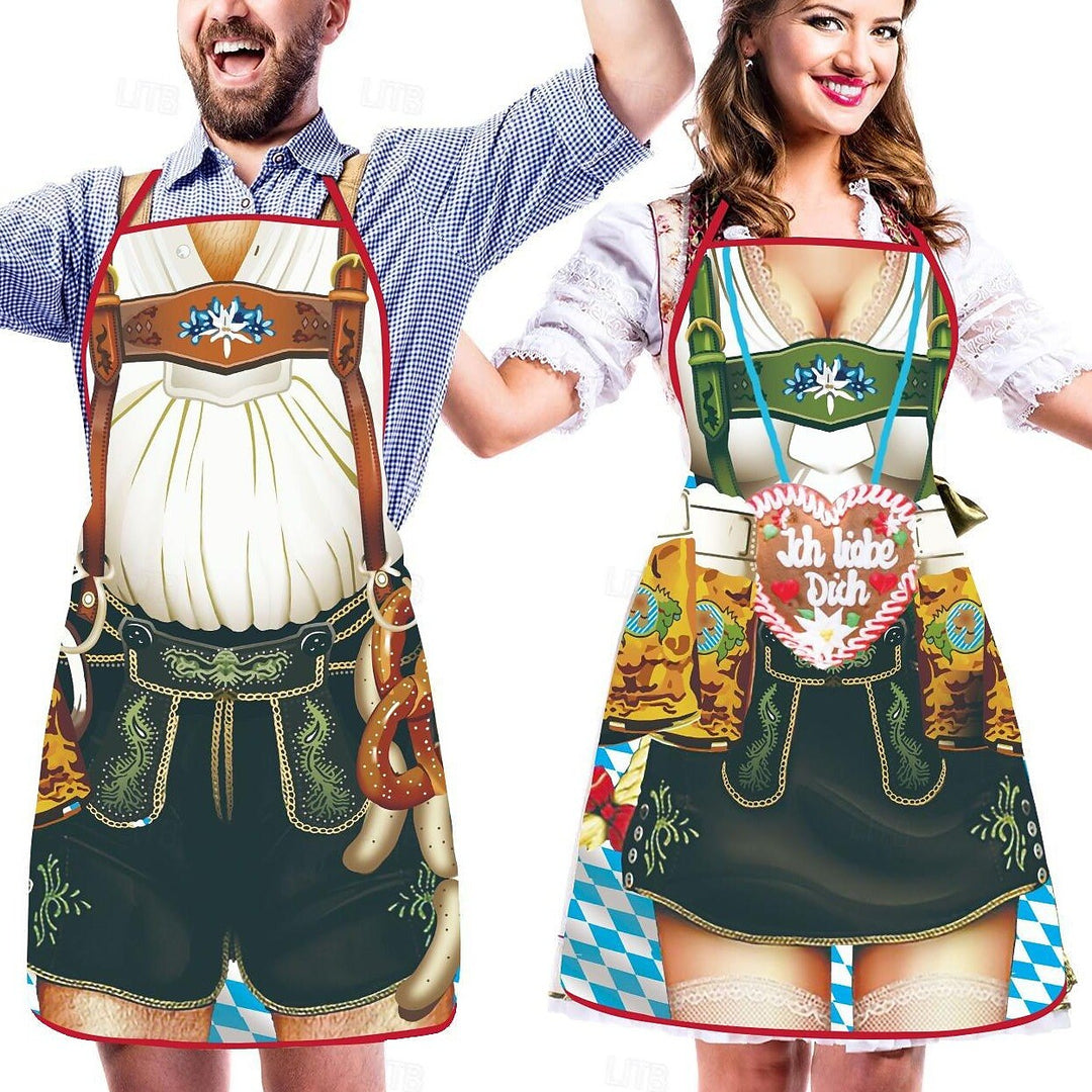 Festliga parschürzen med dirndl- och lederhosen-design, justerbar i slitstarkt tyg, perfekt för temafester och grillningar.