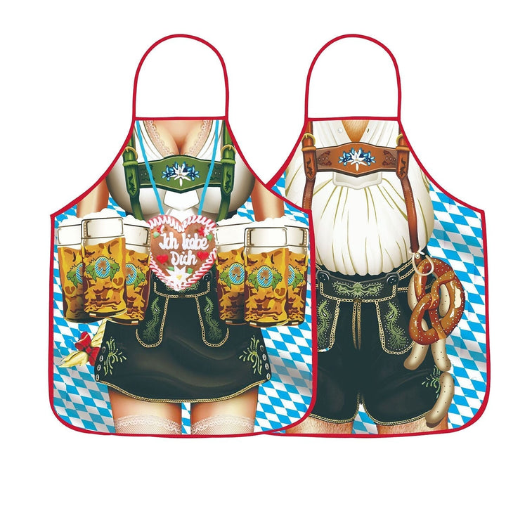Festliga parförkläden med Dirndl- och Lederhosen-design, justerbara och hållbara, idealiska för temafester.