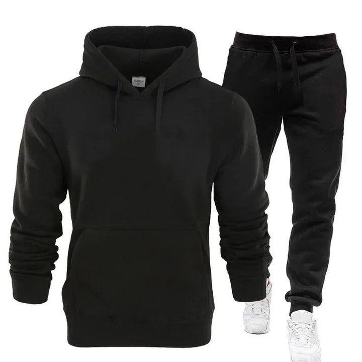 "Fitness Hoodie Set för Män, andningsbar och flexibel, huvtröja och joggingbyxor, grå färg, sportig design."
