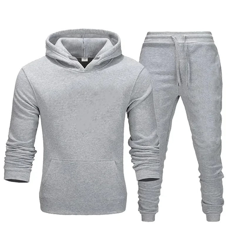 "Fitness Hoodie Set för Män, andningsbar och flexibel, huvtröja och joggingbyxor, grå färg, sportig design."