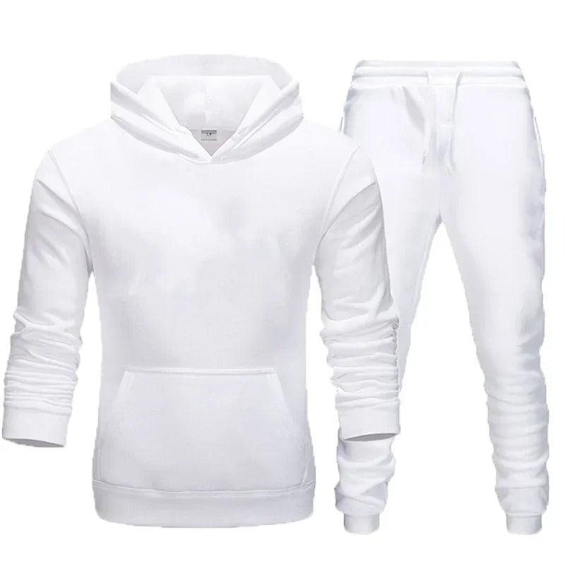 "Fitness Hoodie Set för Män, andningsbar och flexibel, huvtröja och joggingbyxor, grå färg, sportig design."