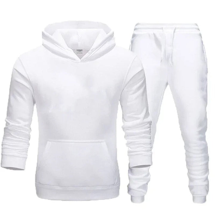 "Fitness Hoodie Set för Män, andningsbar och flexibel, huvtröja och joggingbyxor, grå färg, sportig design."