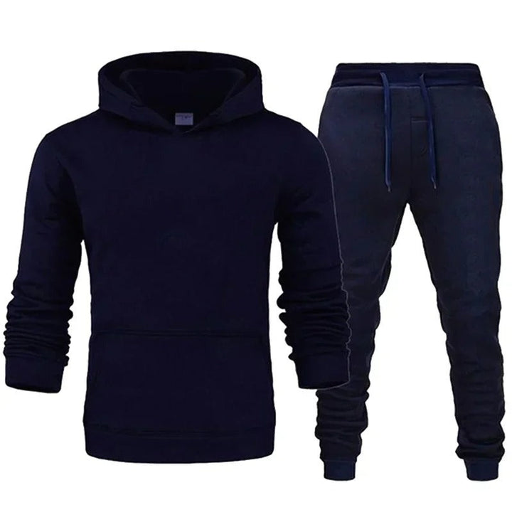 "Fitness Hoodie Set för Män, andningsbar och flexibel, huvtröja och joggingbyxor, grå färg, sportig design."