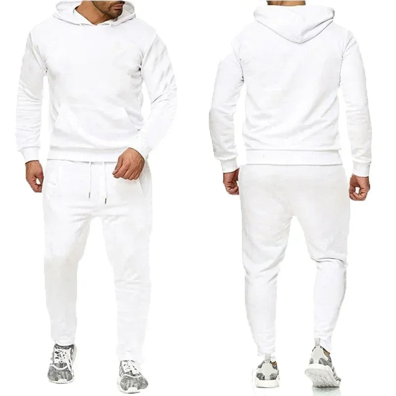"Fitness Hoodie Set för Män, andningsbar och flexibel, huvtröja och joggingbyxor, grå färg, sportig design."