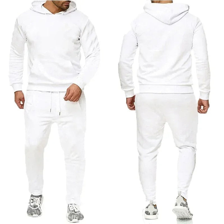 "Fitness Hoodie Set för Män, andningsbar och flexibel, huvtröja och joggingbyxor, grå färg, sportig design."