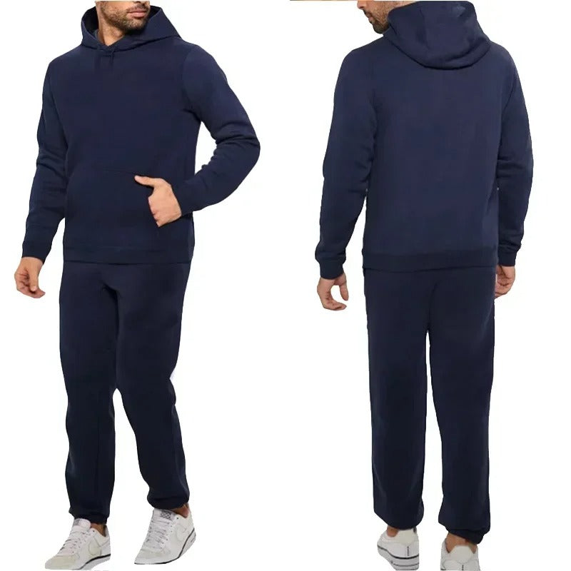 "Fitness Hoodie Set för Män, andningsbar och flexibel, huvtröja och joggingbyxor, grå färg, sportig design."