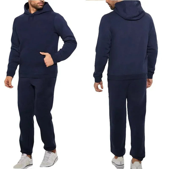 "Fitness Hoodie Set för Män, andningsbar och flexibel, huvtröja och joggingbyxor, grå färg, sportig design."