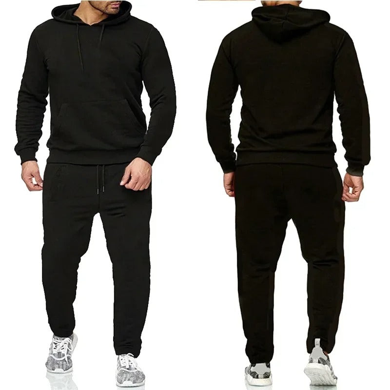 "Fitness Hoodie Set för Män, andningsbar och flexibel, huvtröja och joggingbyxor, grå färg, sportig design."