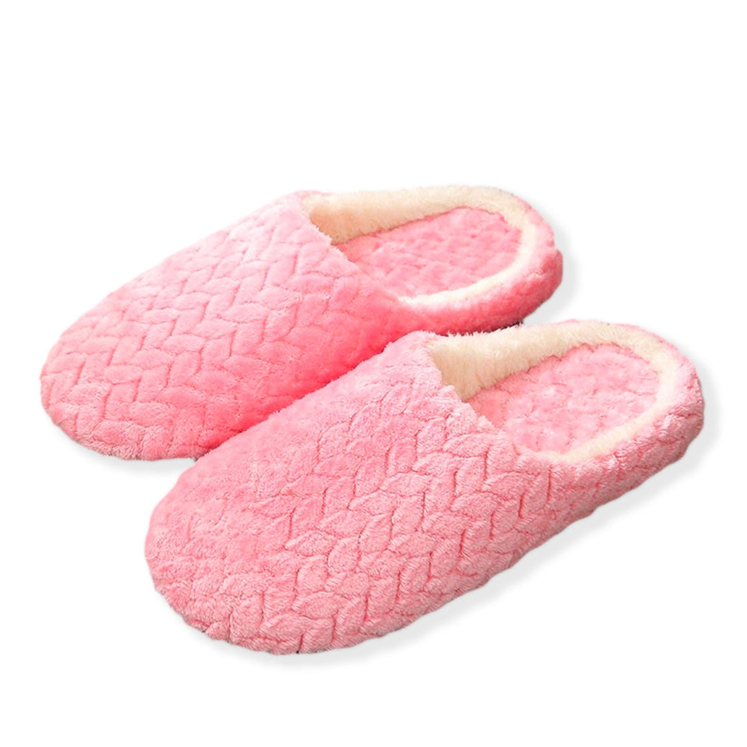 "Fluffiga damtofflor med fleece och halkfri sula i mörkrosa för komfort och stil, perfekt för inomhus och utomhus."