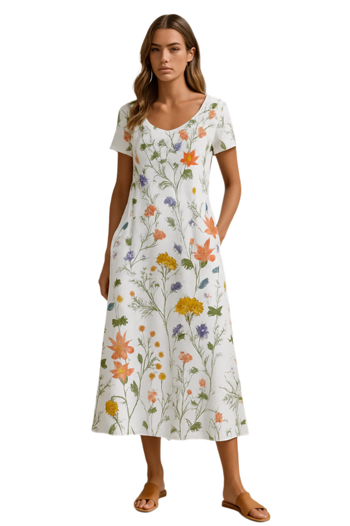 "Färgglad damernas sommarklänning med blommönster, korta ärmar och avslappnad passform perfekt för varma dagar."