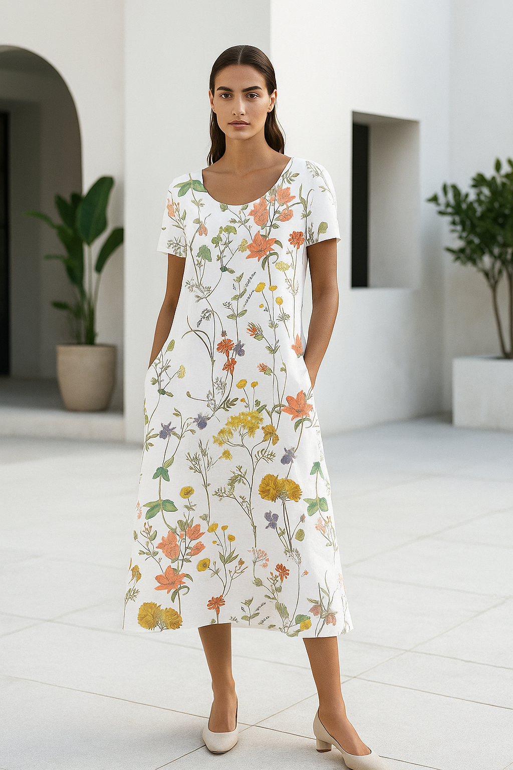 "Färgglad damernas sommarklänning med blommönster, korta ärmar och avslappnad passform perfekt för varma dagar."
