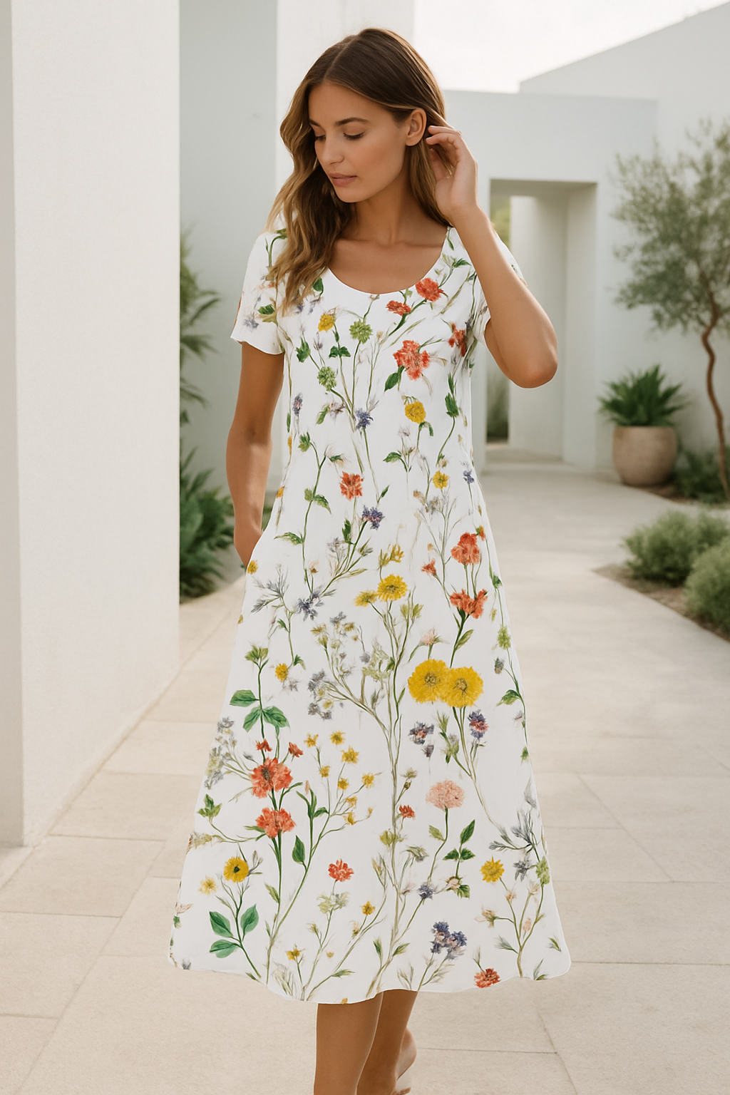 "Färgglad damernas sommarklänning med blommönster, korta ärmar och avslappnad passform perfekt för varma dagar."