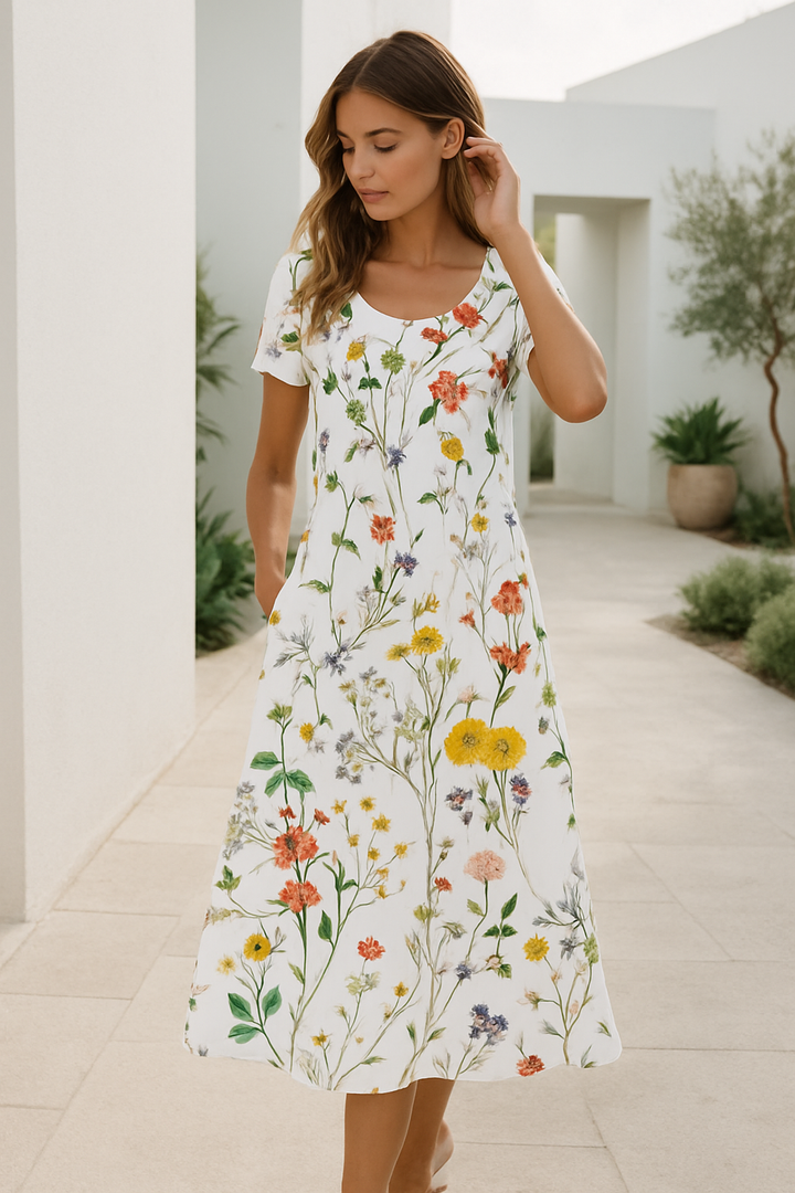 "Färgglad damernas sommarklänning med blommönster, korta ärmar och avslappnad passform perfekt för varma dagar."