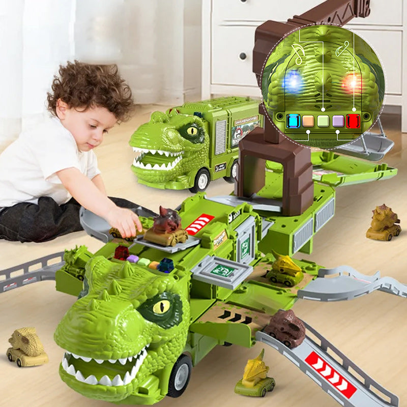 "Färgglad leksaksbil i dinosaurieform med ljuseffekter, främjar kreativ lek för barn."