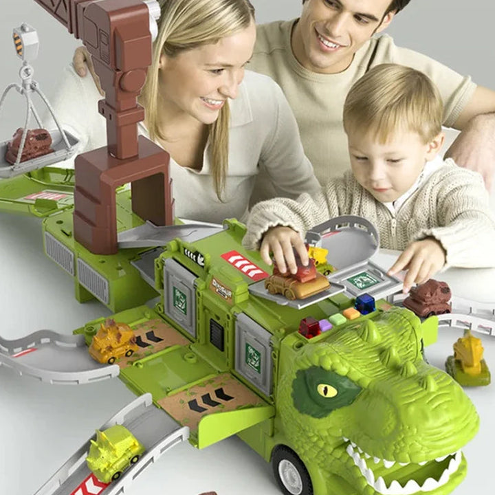 "Färgglad leksaksbil i dinosaurieform med ljuseffekter, främjar kreativ lek för barn."