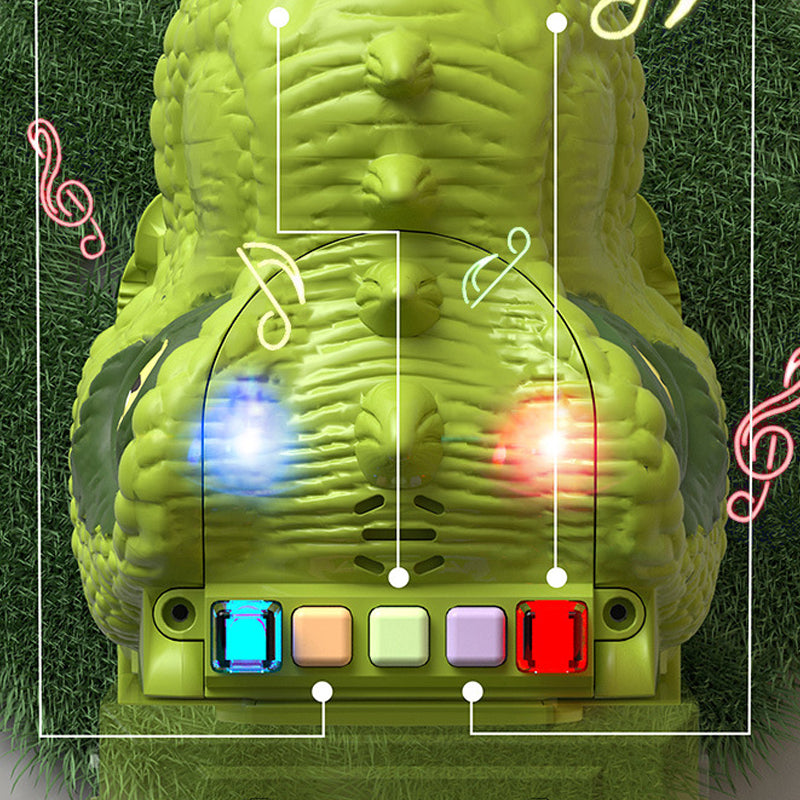 "Färgglad leksaksbil i dinosaurieform med ljuseffekter, främjar kreativ lek för barn."