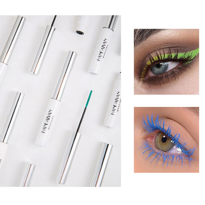"Färgglad vattentät mascara på borste, ger långa fransar, panoramaeffekt, slank design, för separation och klumpfri look."