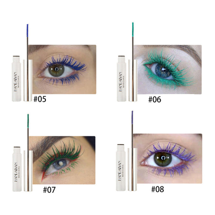 "Färgglad vattentät mascara på borste, ger långa fransar, panoramaeffekt, slank design, för separation och klumpfri look."