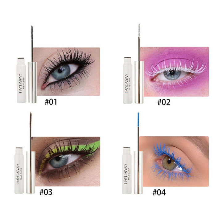 "Färgglad vattentät mascara på borste, ger långa fransar, panoramaeffekt, slank design, för separation och klumpfri look."