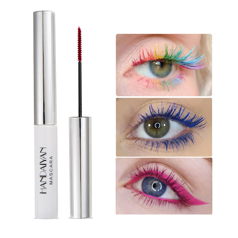 "Färgglad vattentät mascara på borste, ger långa fransar, panoramaeffekt, slank design, för separation och klumpfri look."