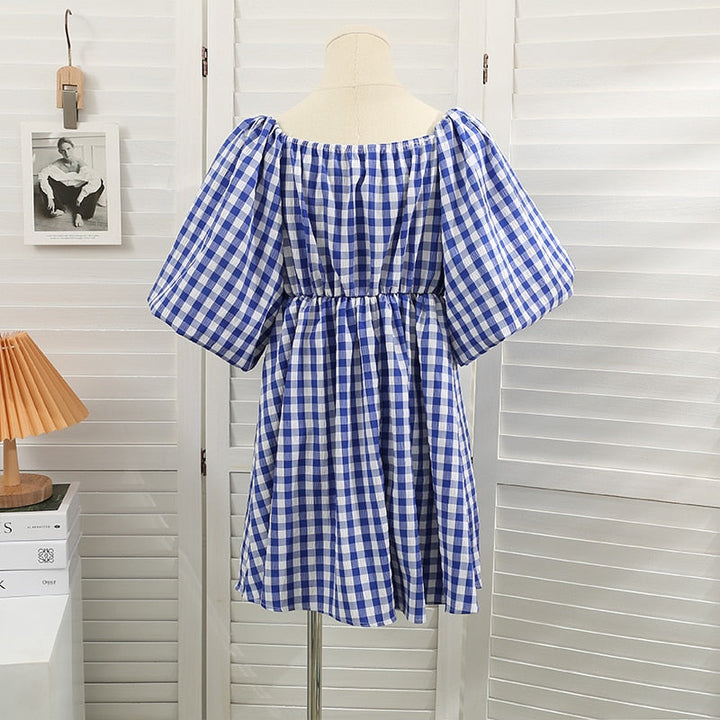 "Fyrkantig krage A-linje klänning för kvinnor med puffärm, knälång, lätt polyester, markerad midja, feminin stil."