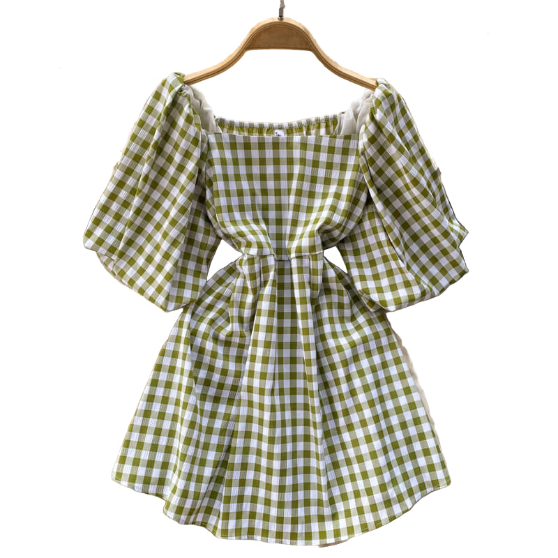 "Fyrkantig krage A-linje klänning för kvinnor med puffärm, knälång, lätt polyester, markerad midja, feminin stil."